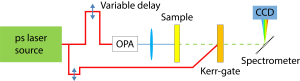 Schematic of the Ultra Kerr-gated fluorescence setup.  The red beam is the 1030nm output from the ytterbium laser which is used to drive the tunable OPA and the Kerr-gate.  The blue beam is the pump beam, and the dashed green line represents the fluorescence from the sample.​