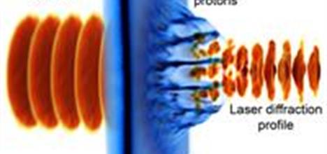 pulsed beam hits target showing a laser diffraction profile out the other side.