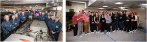 Before and after photos of a team of people, first standing in a room with a laser system and then without.